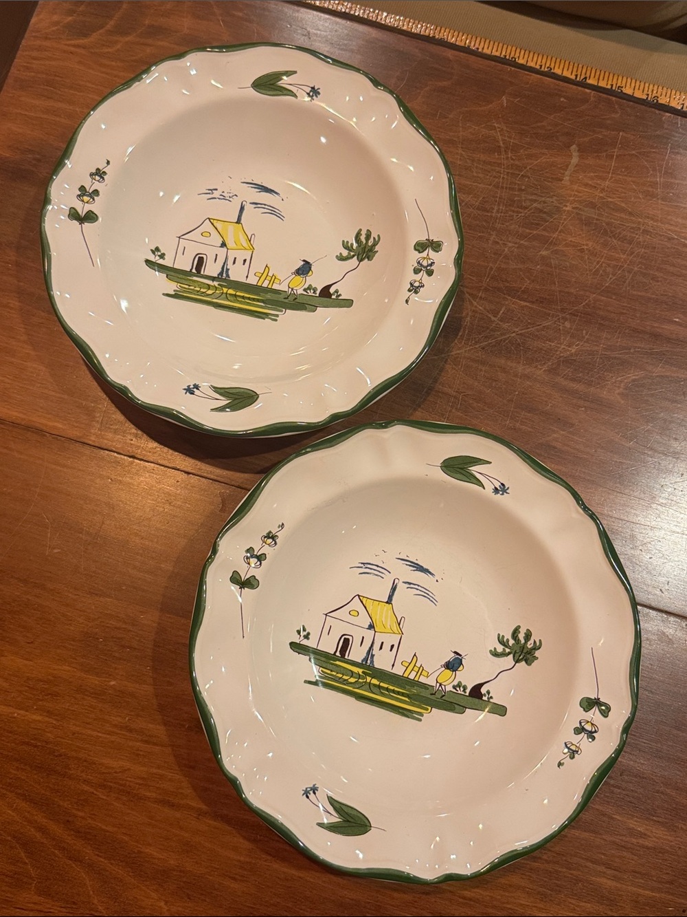 Varages Cabanon Made in France 9” Rim Soup Bowls Set of 2 Vintage Hand-Painted